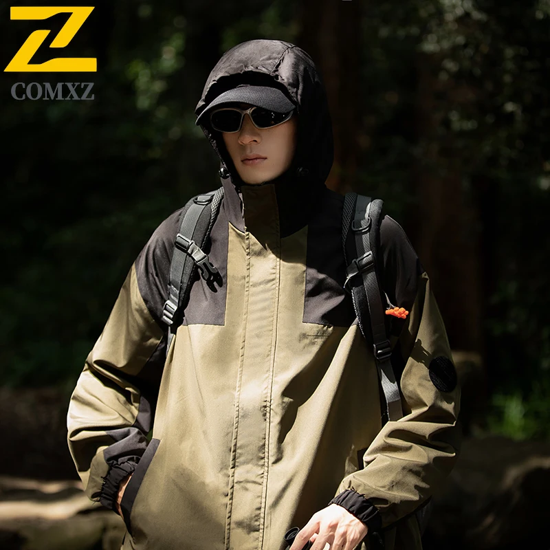 

Men's Jacket 2025 Autumn New Fashion Splicing Hooded Waterproof Rush Coat Outdoor Hiking Travel Breathable Windproof Outerwear