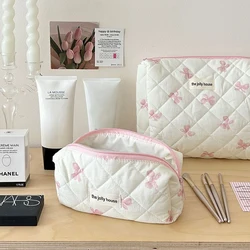Cute Bow Travel Makeup Pouch Cotton Quilted Makeup Organizer Storage Bag Cosmetic Organizer Case for Women and Girls