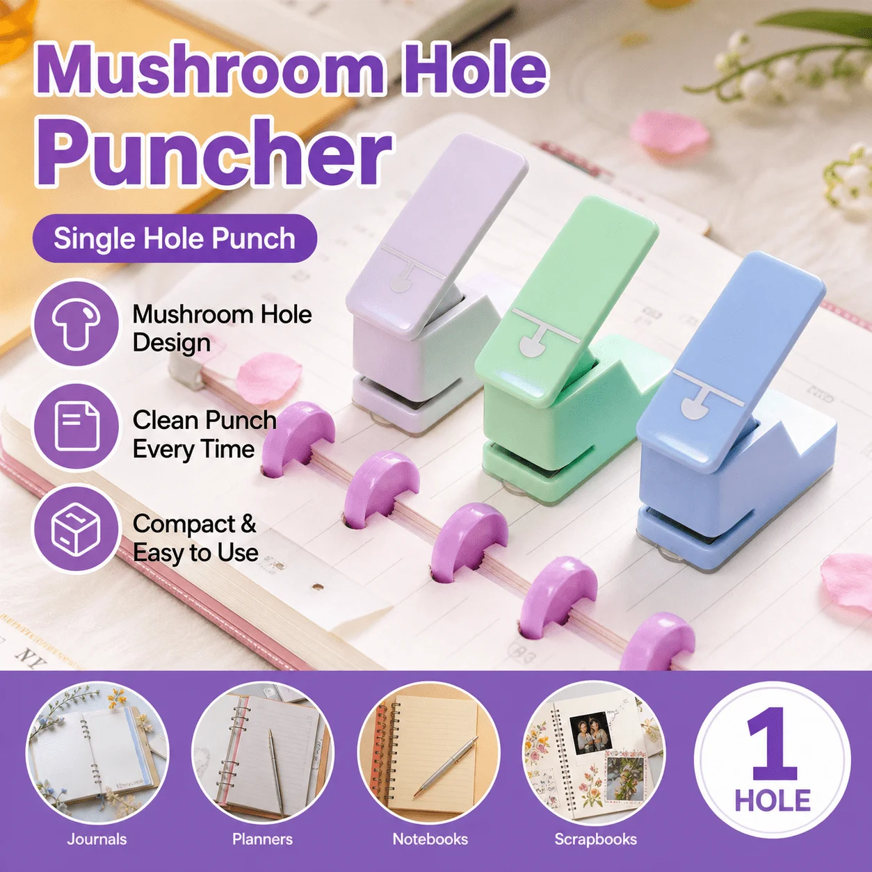Mushroom Hole Single Paper Punch, Mini Portable Mushroom Shape Puncher for Discbound Notebook Craft School Office Stationery