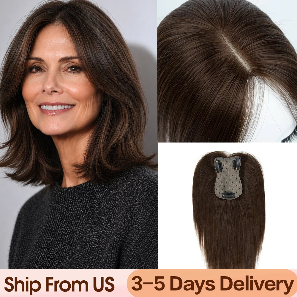 7x11cm Human Hair Toppers For Women Silk Base Weightless Natural Toppers Cover Wide Hairpart/Grey Hair Black Brown Breathable Daily Use