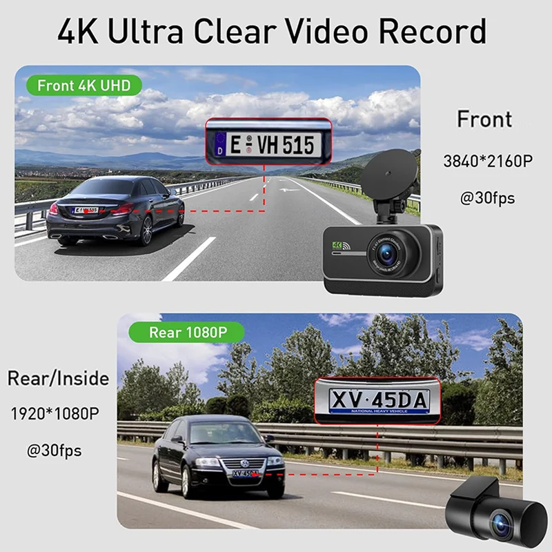 Dash Cam for Cars Car Camera Dash Cam 4K WIFI Camera for Car Front and Rear Dash Camera Black Box 24H Parking Mode Recorder