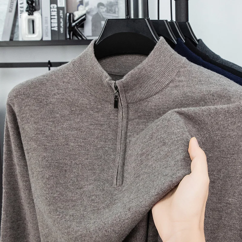 

100% Wool Zip Up Sweater Men Autumn Winter Thick Pullover High Neck Sweater
