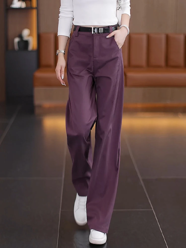 

Purple High Waist Slim Fit Straight Leg Cotton Pants Women's Casual Long Pants Spring Autumn New Style Wide Leg Pants