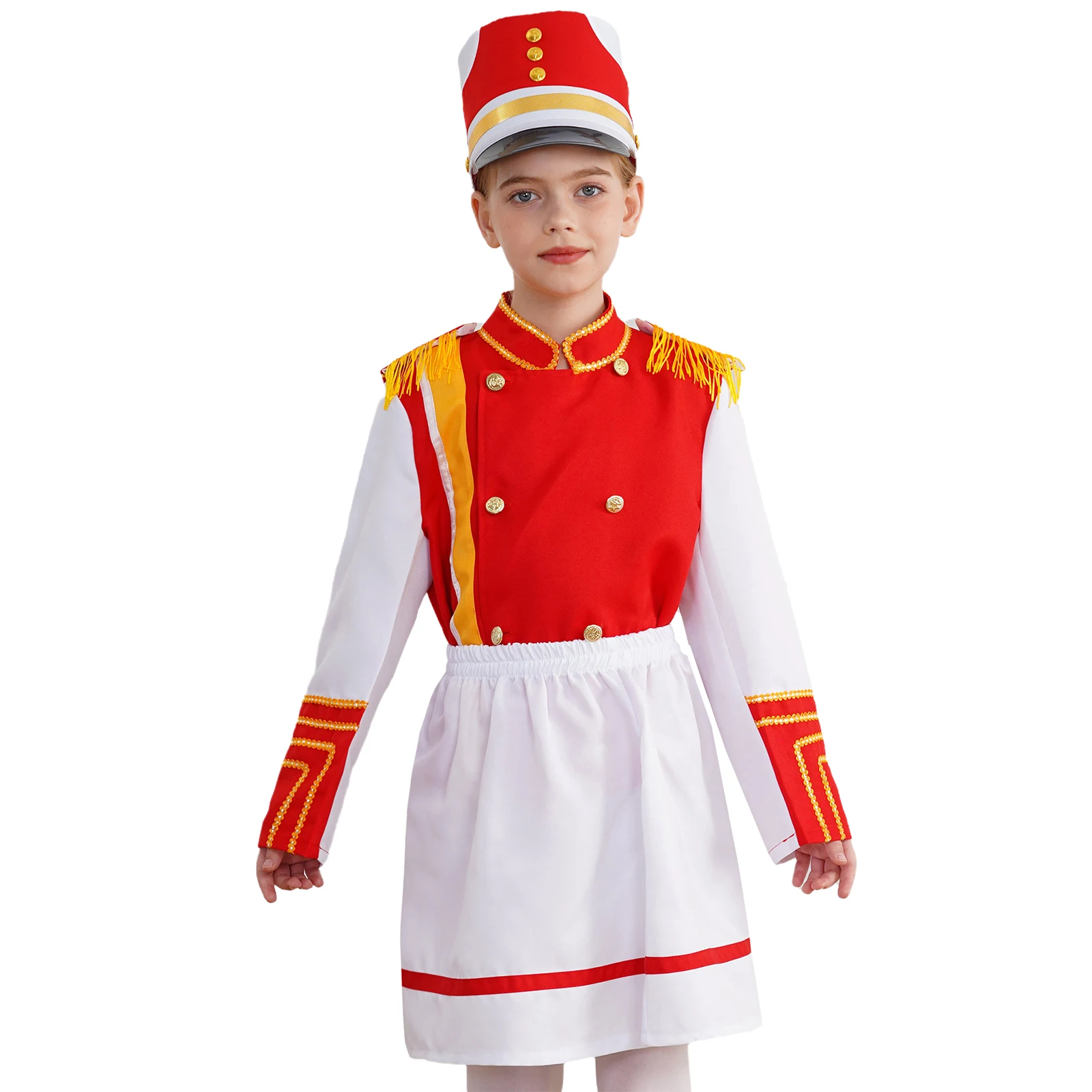 Kids GirlsTrumpet Team Uniform Marching Band Costume Long Length Tops with Skirt And Cap Set British Look Child Halloween Sets