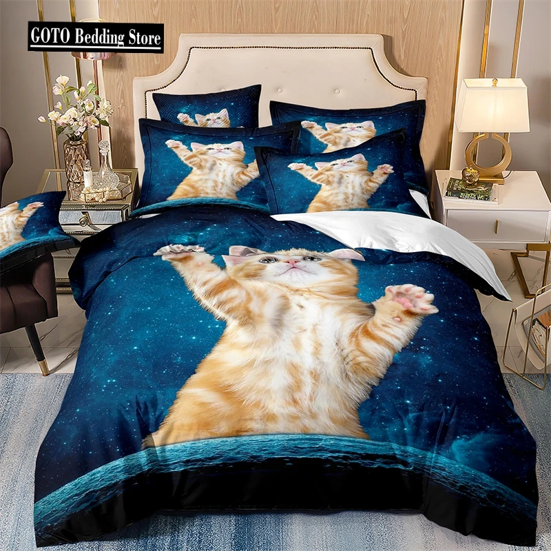 

Starry Animals Bedding Set, Cat Duvet Cover Set with Pillowcases, Galaxy Comforter Case, Twin Size Bedding, animal Cartoon Cat