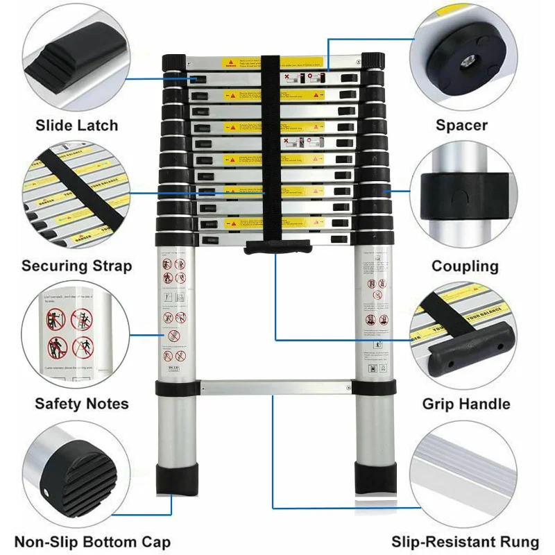 Aluminum Telescoping Ladder, 14.4FT 4.4M, 330lbs Max Capacity, Non-Slip, Portable, Silver