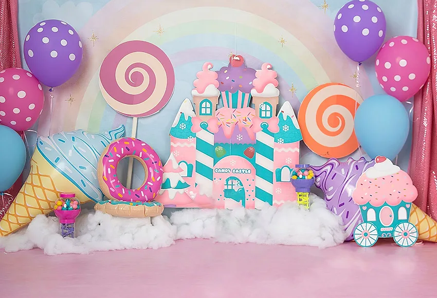 Фон для фотосъемки Mehefond милое мороженое леденец замок девушка на 1-й День рождения воздушный шар торт разбивает телефон Фотостудия