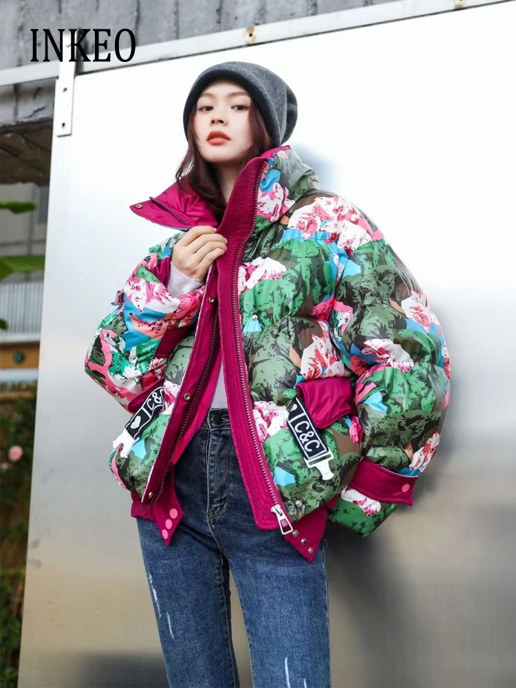 

Chinese Style Floral Print Down jacket Women 2023 Winter Thick warm Stand collar puffer coat Oversized Outwear Lady INKEO 3O073