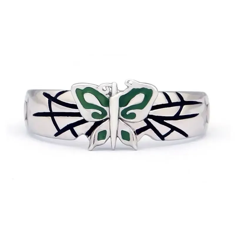 Anime JoJos Bizarre Adventure Jolyne Cujoh Opening Ring for Men Women Green Enamel Butterfly Metal Rings Fans Party Jewelry Gift