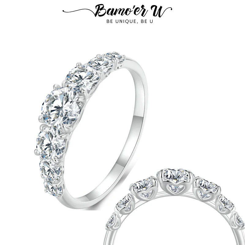 BAMOER U 1.4CT Moissanite Ring 7 Stones Round Cut Hallow Heart Shining Lab Diamond Wedding Band For Women Fine Jewelry Gift