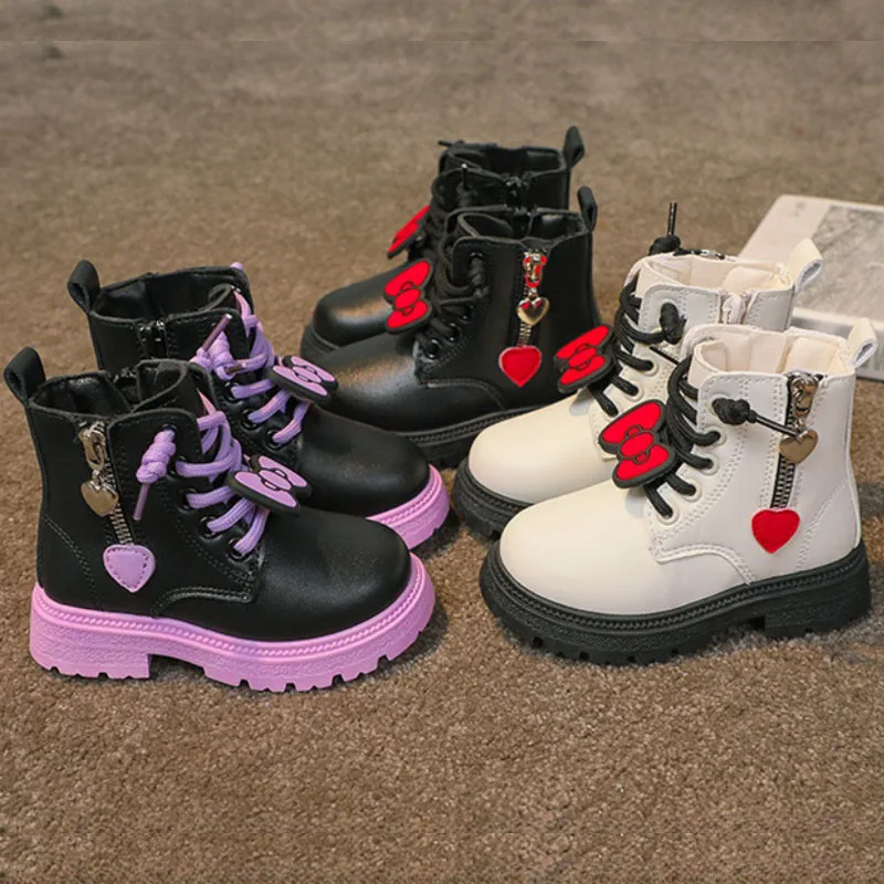 Girls Ankle Boots Fashion Princess PU Leather Rubber Outsole Children's Short Boots Autumn Zipper Pink with Love Heart