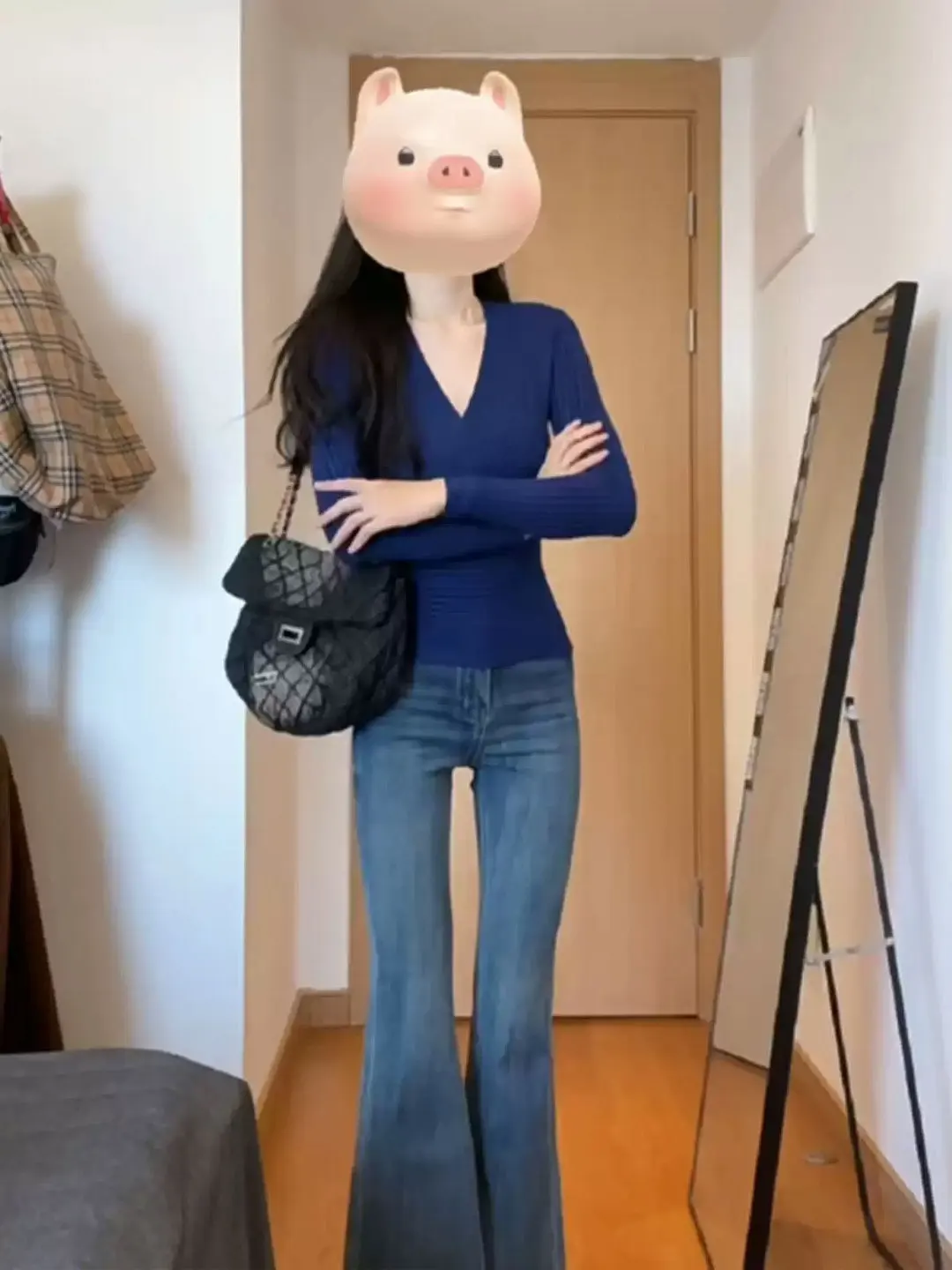 الأزرق V-Ne الصليب طويل Sve محبوك قاعدة irt المرأة سليم صالح ملابس داخلية لباس خارجي سترة علوية لخريف شتاء