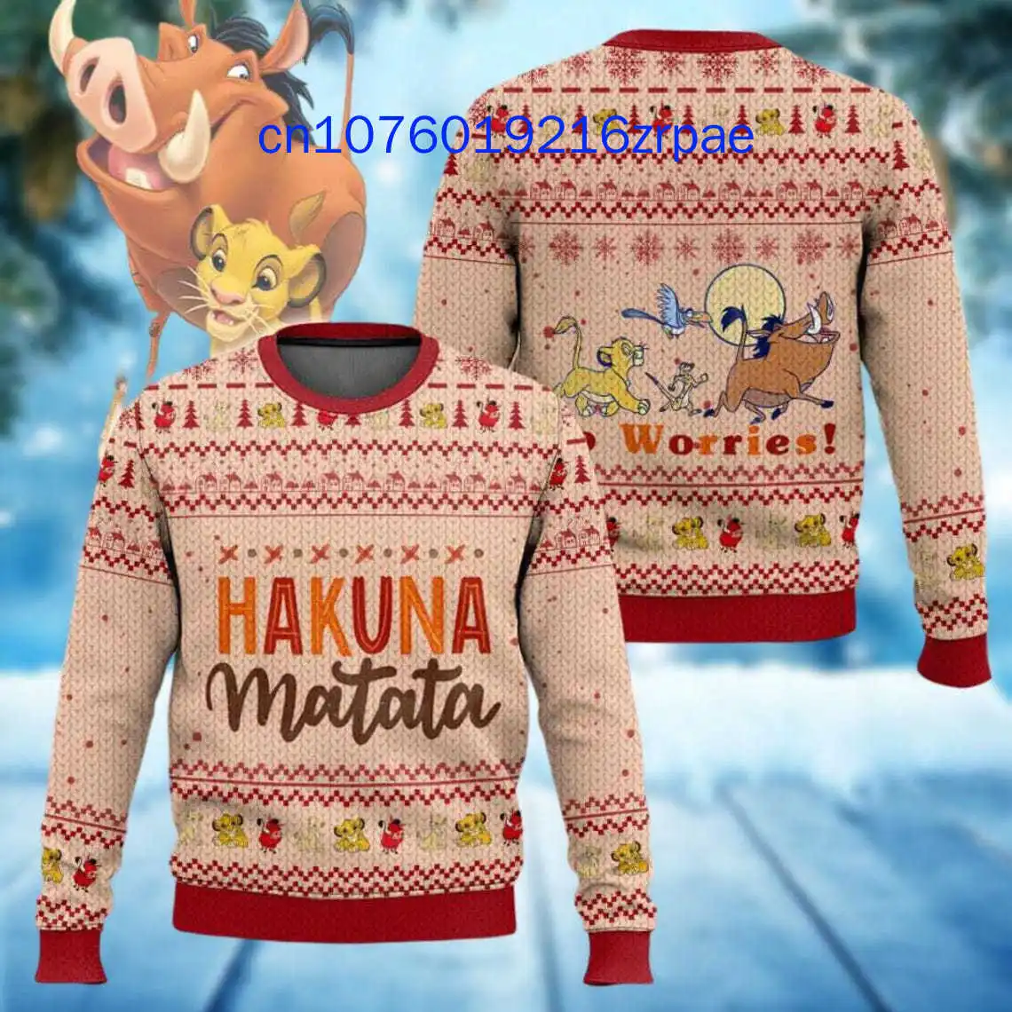 Der König der Löwen Hässlicher Weihnachtspullover 3D-Druck Hakuna Matata Weihnachtspullover Männer und Frauen Lässiges Cartoon-Sweatshirt