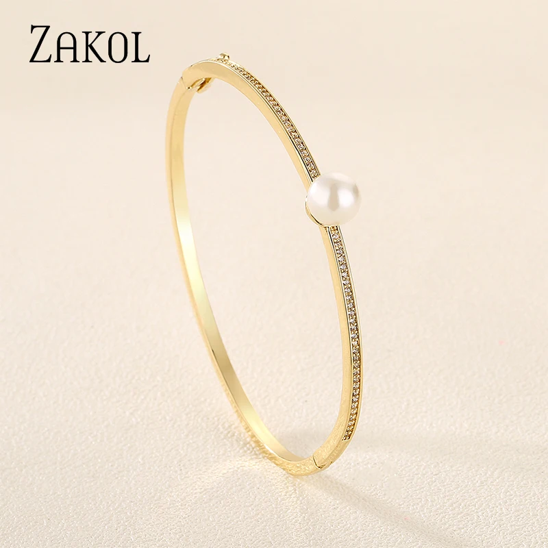 ZAKOL Simple Fashion Zircon Pearl Bangles Bracelets for Women Female Glamour Gold Color Bracelet Party Jewelry BP2233