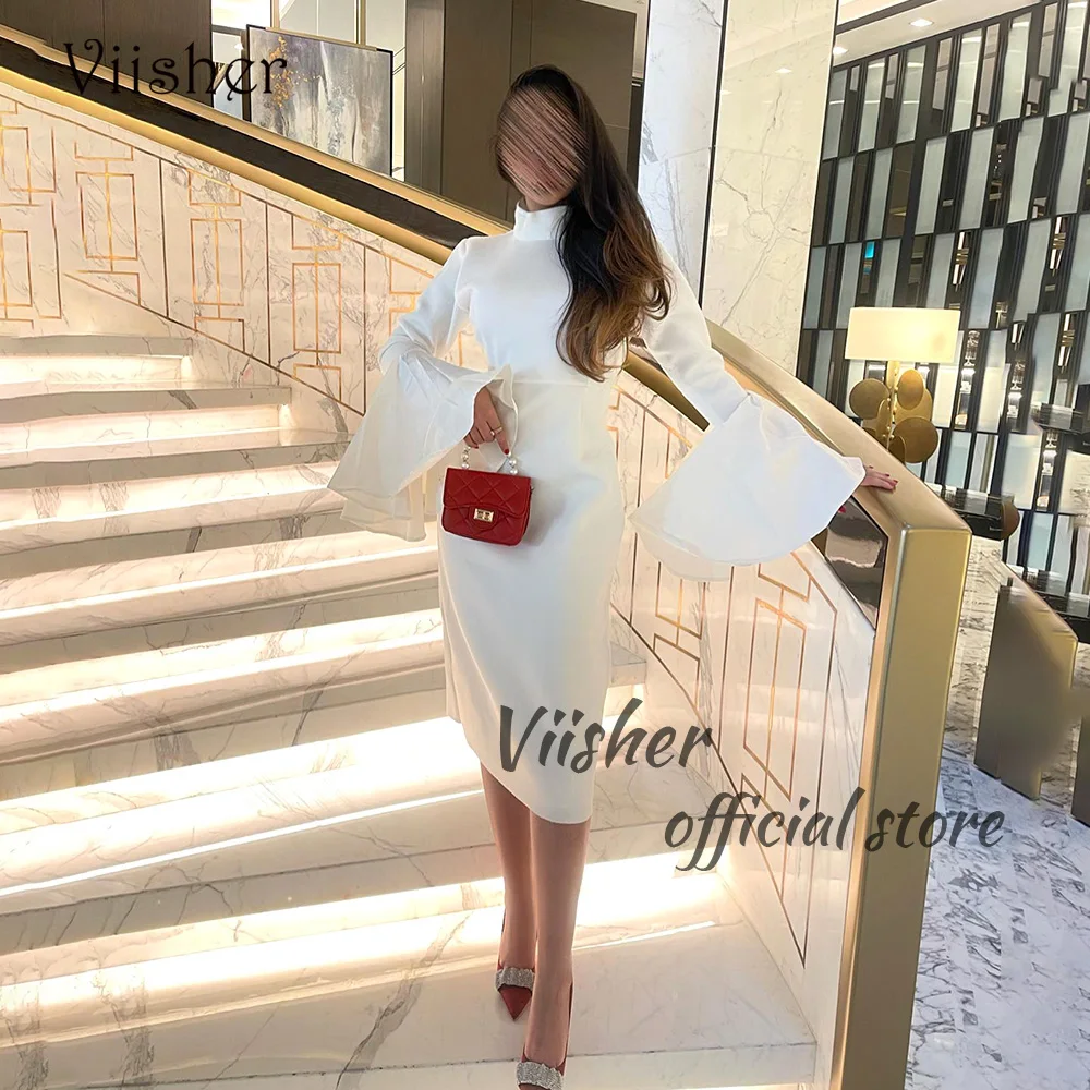 

Viisher White Mermaid Evening Dresses Long Sleeve High Neck Arabic Prom Party Dress Tea Length Formal Evening Gowns