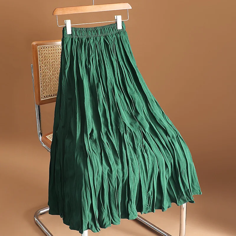 플러스 사이즈 하이웨이스트 플리츠 스커트 루즈 힙 커버링 가운 엘리 A라인 실루엣 롱 폴리에스터 섬유 젊은 여성용