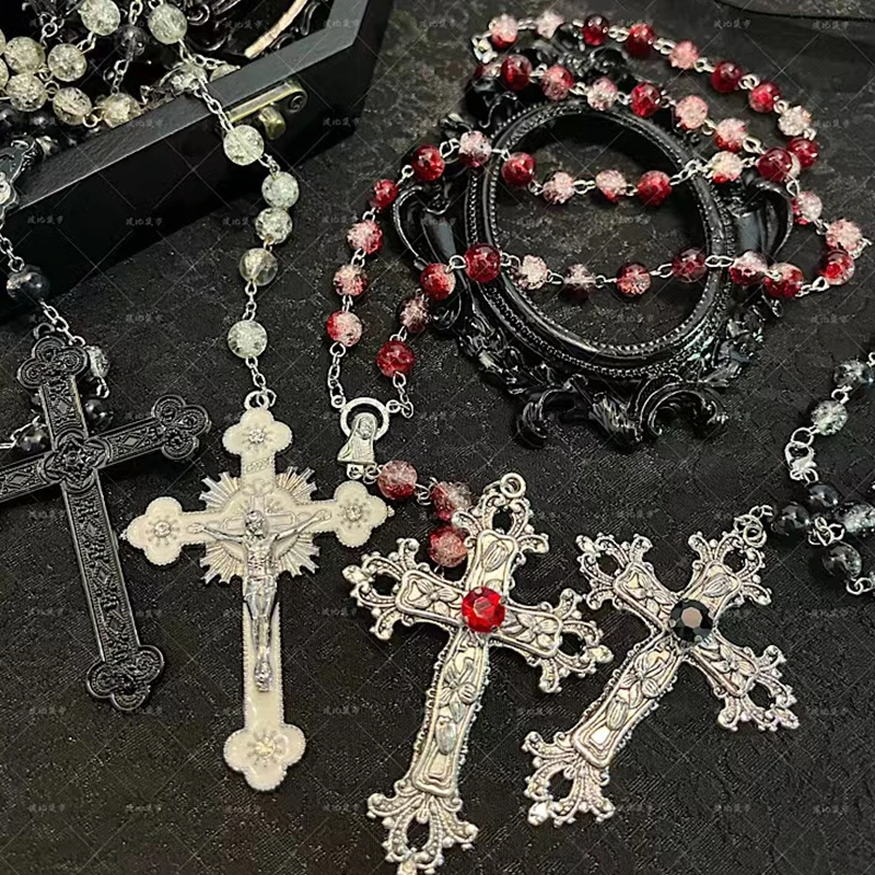 Vintage Baroque Christian Cross Necklace for Women Man Silver Color with Crystals Gothic Crucifix Symbol Easter Unisex Jewelry