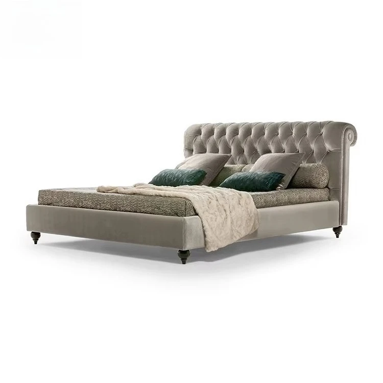 yp-Modern Chesterfield Tufted Bed, Upholstered Velvet Fabric Platform Bed with Scroll Arms for Bedroom and Hotel-