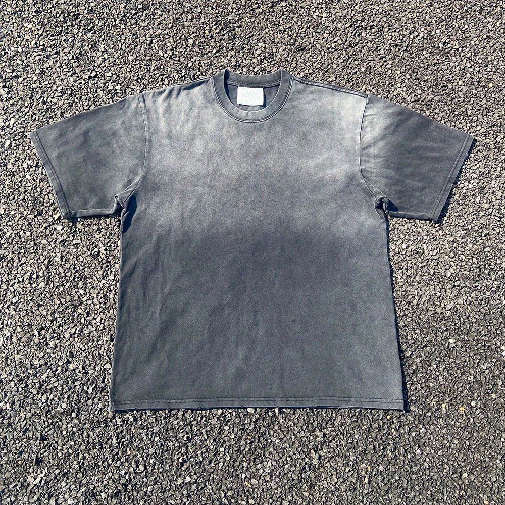 

Heavyweight 330g adient Color ort Sve T-irt Vintage Worn Hole Design Summer Casual round Ne Loose Fit Youth Faion