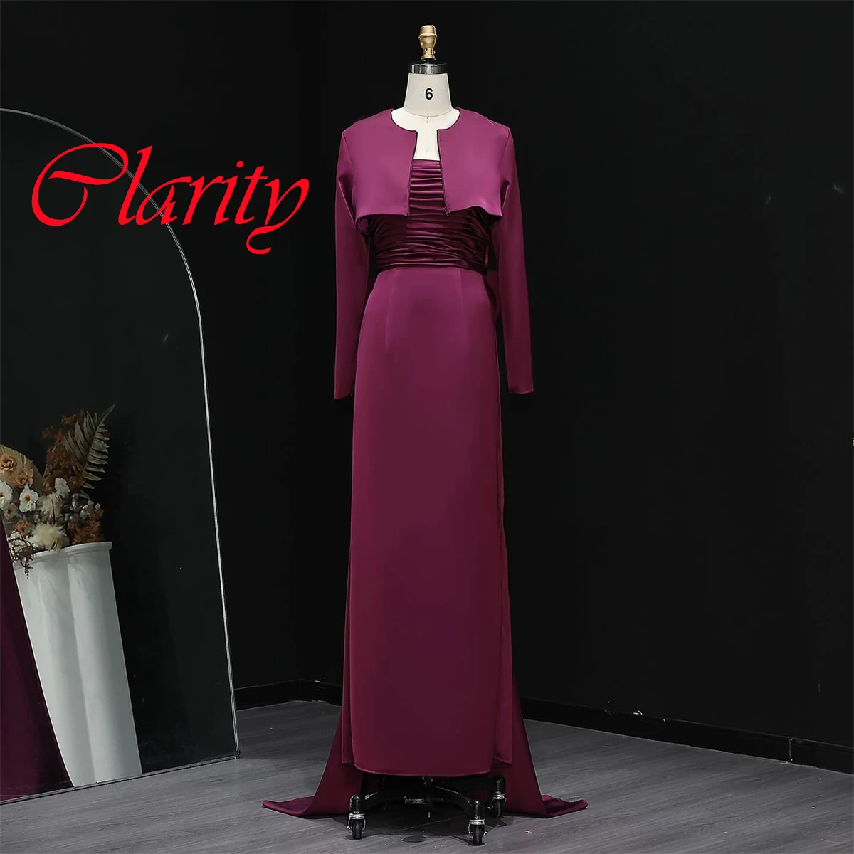 Customized Delicate Dark Purple Satin Evening Dress Exquisite Strapless Long Sleeves Zipper Back Bow Mermaid Homecoming Dress