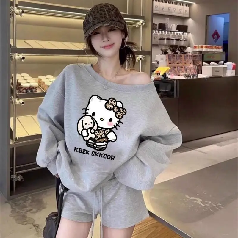 

Sanrio Off Shoulder Printed Sweatshirt Cotton Women Casual Wear American Retro Autumn Unique Design Loose Versatile Pullover