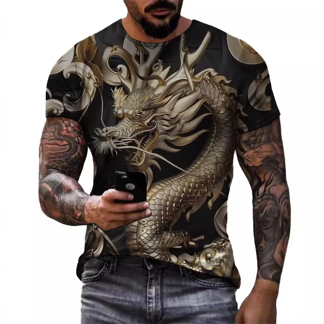 Street style men's clothing casual T-shirt 3D digital printing dinosaur pattern short sleeved loose round neck top for men