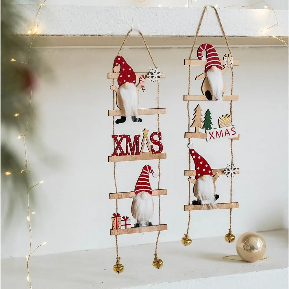 Cartoon Climbing Ladder Santa Claus Pendants with Bells Festive Christmas Wooden Hanging Tree DIY Merry Christmas Decor