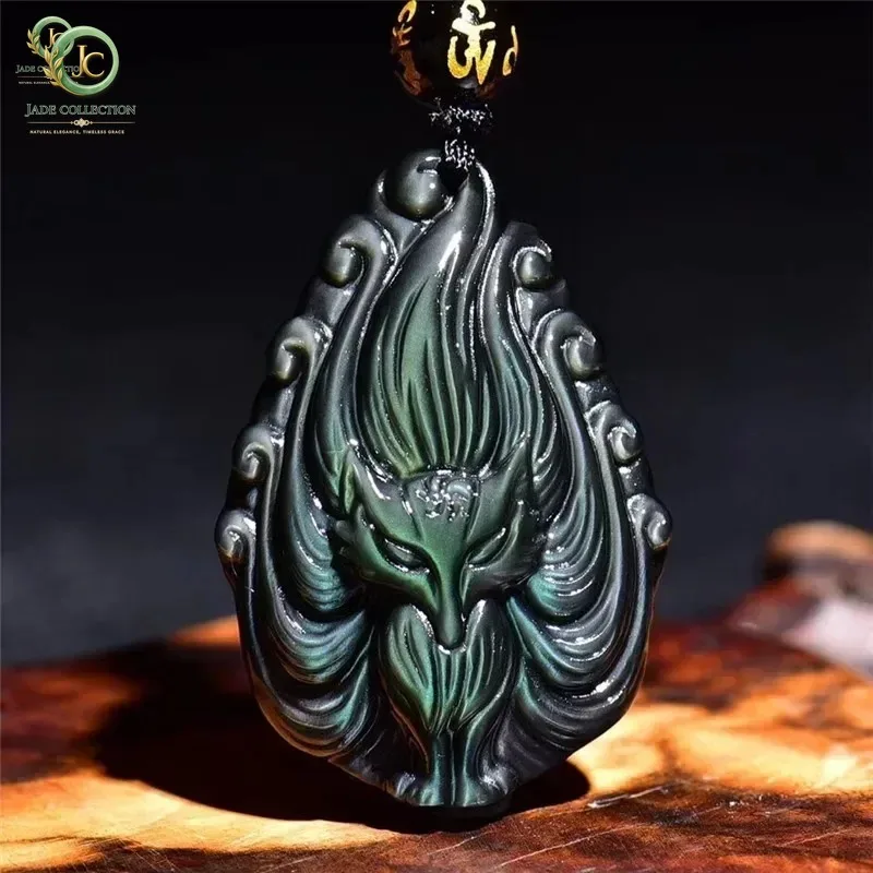 Natural Rainbow Eye Obsidian Hand Carved Nine Tail Fox Pendant Fashion Jewelry Men's and Women's Necklaces