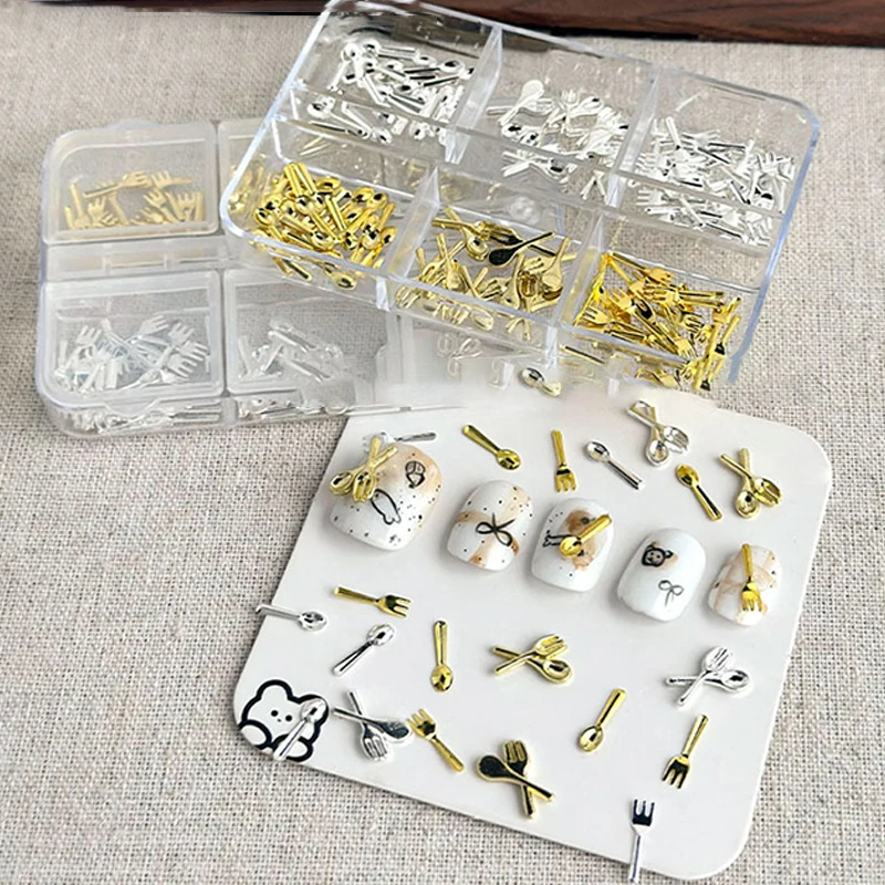 6グリッド/ボックス入りミックスゴールドシルバーミニフォークスプーン食器合金ネイルアートラインストーンデコレーションマニキュアキュアチャームアクセサリー