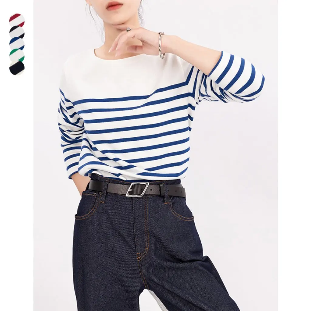 

Suchi Women's Classic Sea Soul T-Shirt Knitted Long-Sleeved round Neck Basic Work Top Cotton Stripesd Inner Clothing