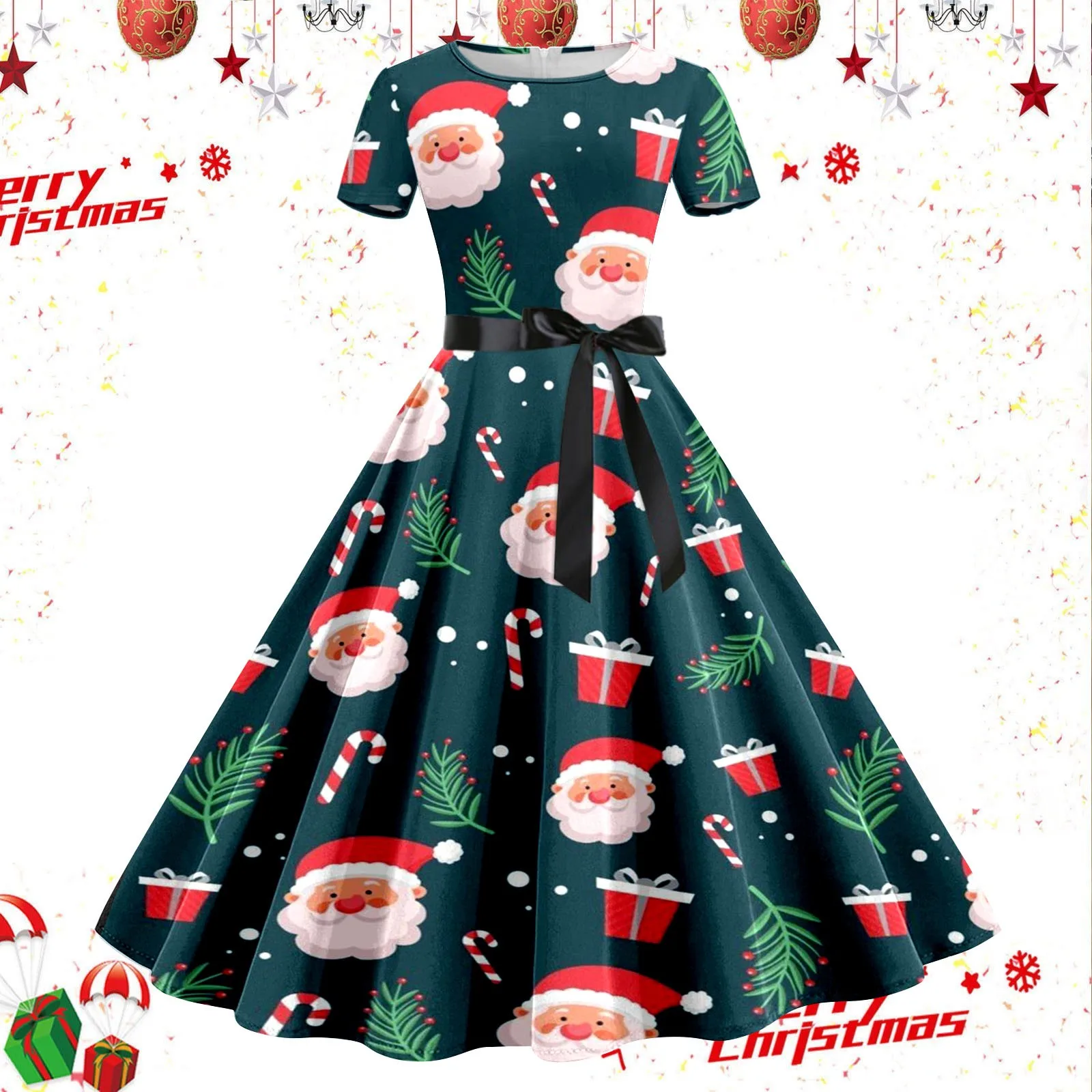 Christmas Print Short Sleeve 1950s Vantage Dress Evening Party Prom Lace Tie Dresses Smocked Elegant Formal Dresses for Women