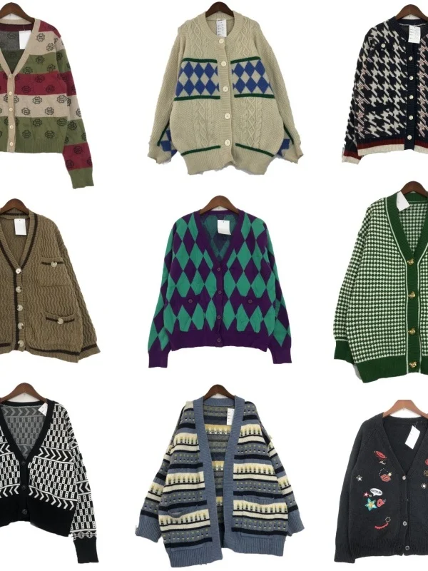 

Vintage Small Cardigan Jaet Men Women Wool Retro Match All Seasons Winter Sweater Straight Tube Print Splicing V-ne Long ...