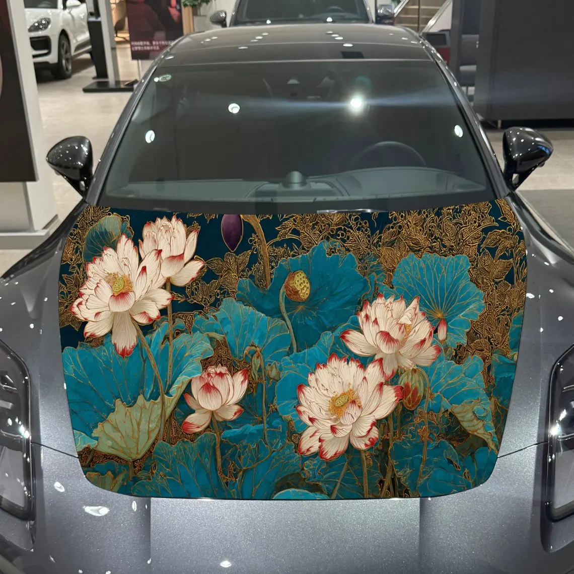 Gilded Lotus Oriental Art Expedition PVC Car Hood Wraps, Self-Adhesive Waterproof Car Bonnet Decal Sticker, Car Decoration Prote