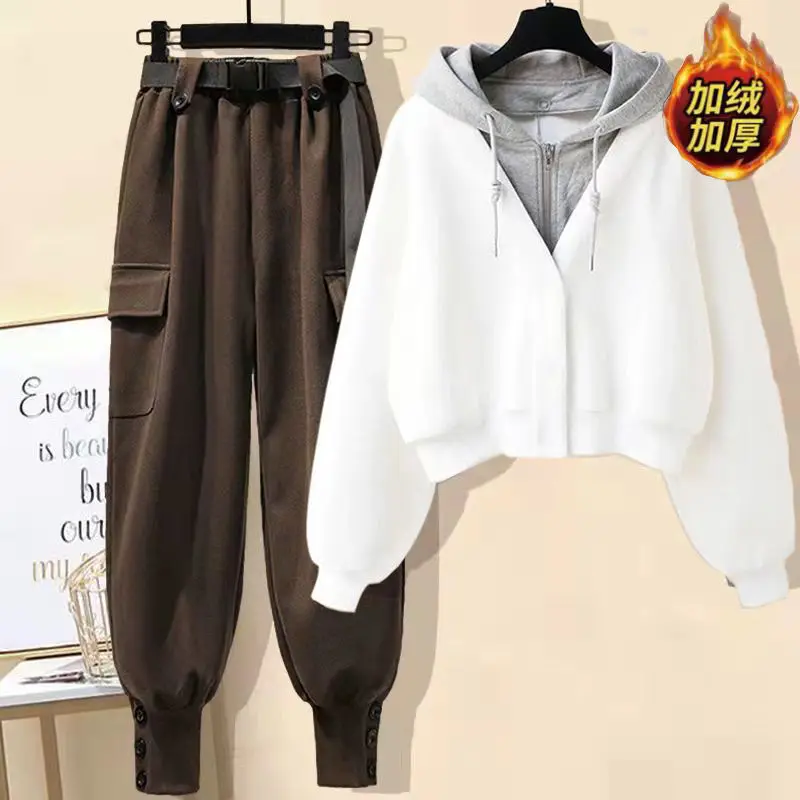 Autumn and Winter Collection with Plush and Thick Long Sleeved Hooded Jacket Work Pants Two-piece Set Women's Pants Set