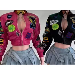 2024 Varsity Women Crop Coat Patchwork Motorcycles Jackets Autumn Winter Y2K Streetwear Sexy Night Club Party Bomber Jackets