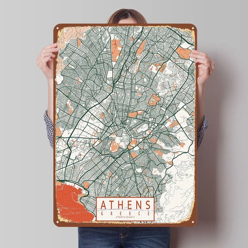 أثينا خريطة المدينة اليونان البوهيمي علامات معدنية خريطة ملصق زينة للمنزل عناصر الديكور غرفة نوم جدار الفن الجداريات
