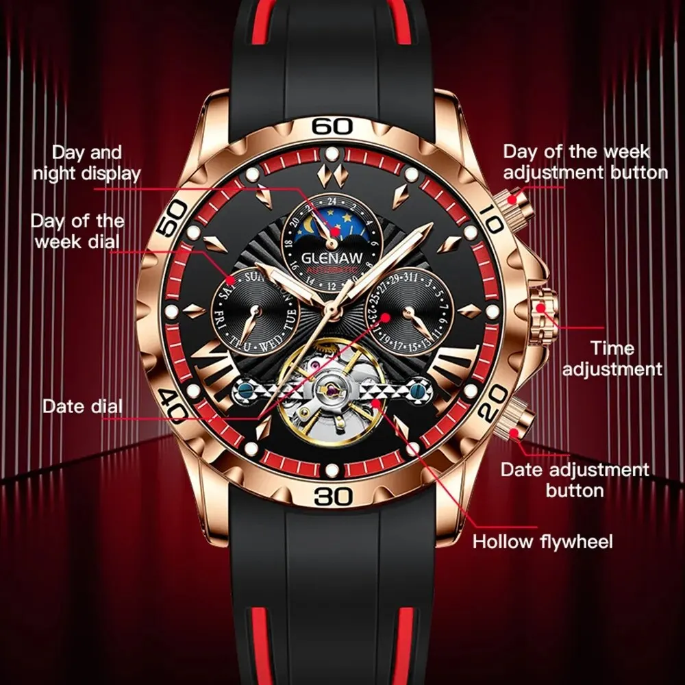 GLENAW ساعة مرحلة القمر للرجال من الفولاذ المقاوم للصدأ ، ساعات من أفضل العلامات التجارية ، فاخرة