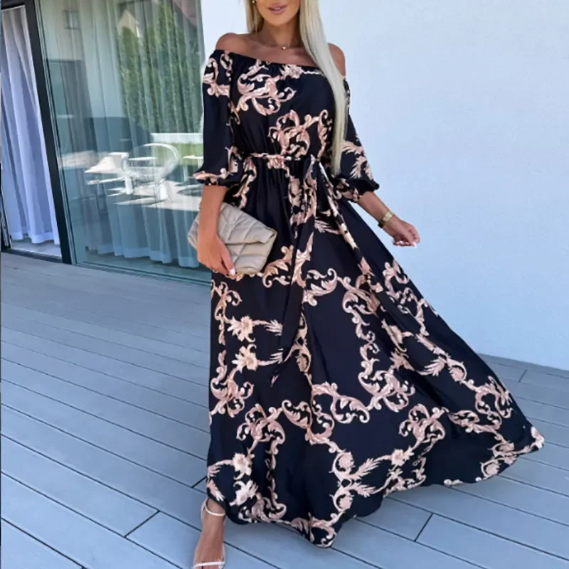 

Vintage Women Slash Neck Lace Up Bohemian Dress Fashion Backless Long Dress New Summer Beach Vacation Floral Print Dress Vestido