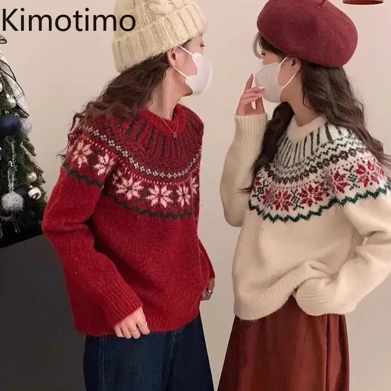 Kimotimo Christmas Jacquard Red Sweater Women Vintage O Neck Lazy Soft Knit Pullover Autumn Winter Fashion Tops Outfit Korean