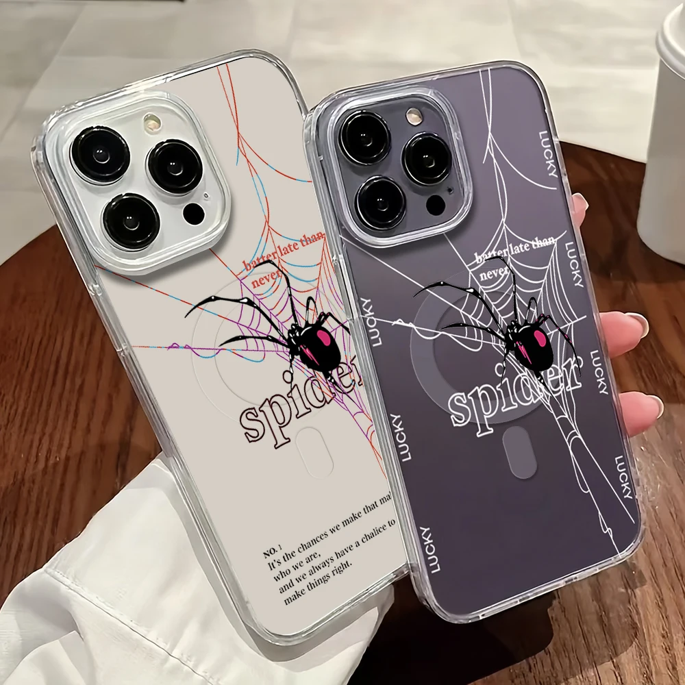 Crawling spider Phone Case For iPhone 11 12 13 14 15 16 Pro Max Plus Magesafe Magnetic Transparent Charge Soft Shell