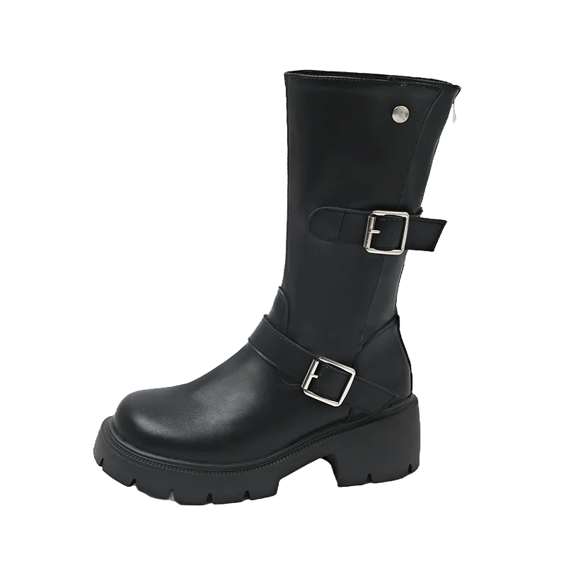 

2026 New Mid-calf Boots Women Back Zipper Thick Sole Autumn Shoes Fashion Buckle 5CM Block Heel Outdoors Casual PU Leather Boots