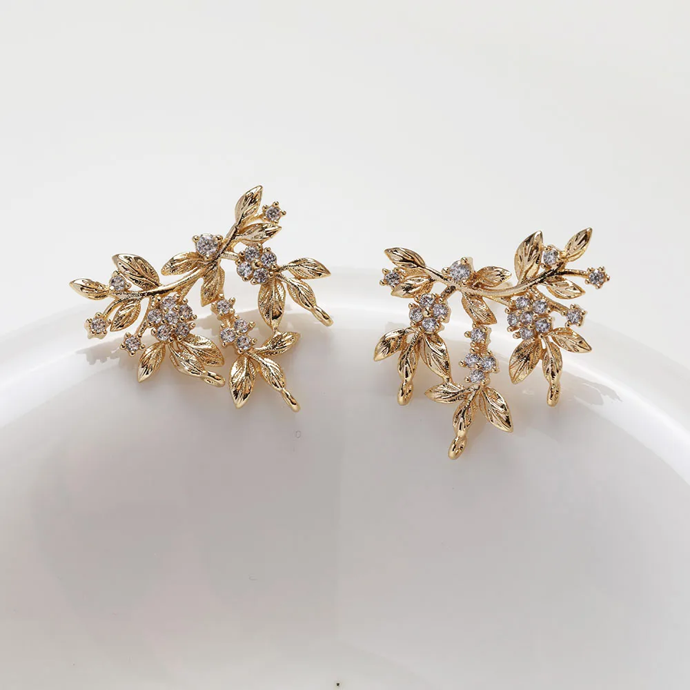 4PCS Dainty Flowers and Leaves Ear Studs for Jewelry Findings Components DIY Brass Hand 14k Plated Gold Accessories 18*20mm