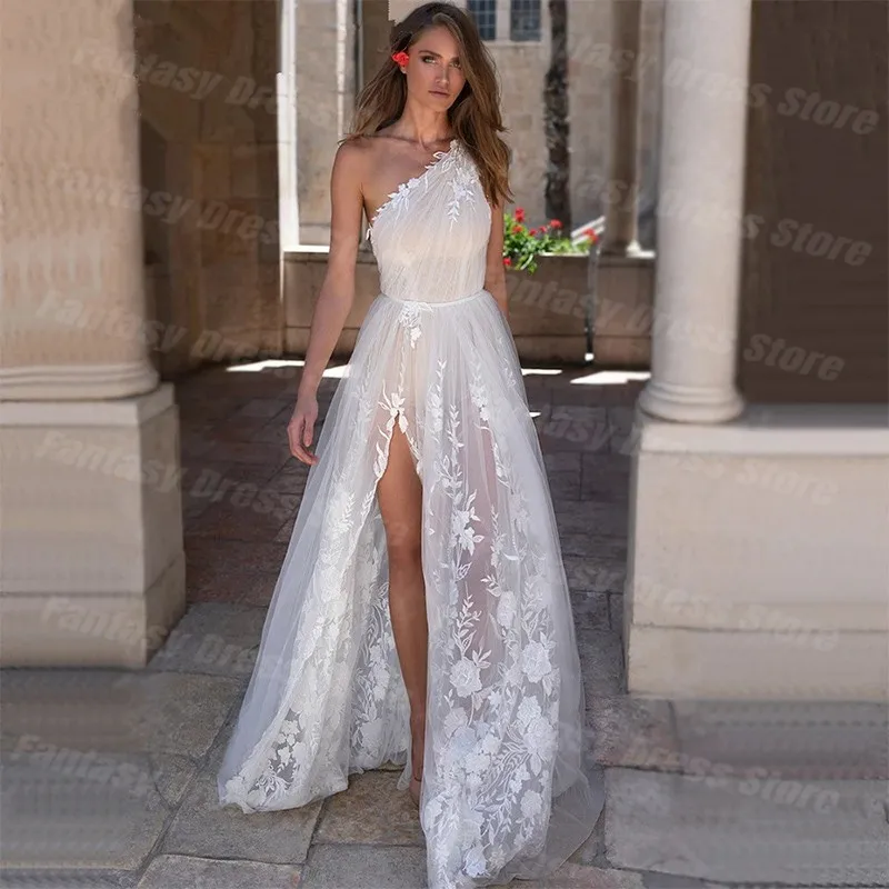 2023 One Shoulder Sleeve Dubai Arab Decal A-line Evening Dresses Sheer Side Split Sexy Backless Bridal Wedding Prom Dresses