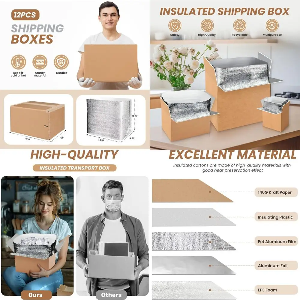 

Reusable Insulated Shipping Boxes with Oil Liner, Thermal Cold Packs, 12x10x7 Inches