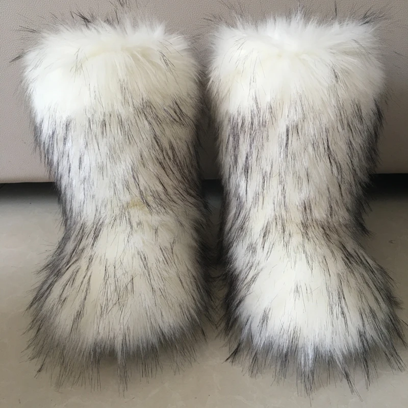 Women's Faux Fur Boot Long Furry Fluffy Snow Boot Mid-Calf Warm Comfortable Outdoor Flat Fox Fur Eskimo Winter Boots Ankle Boots