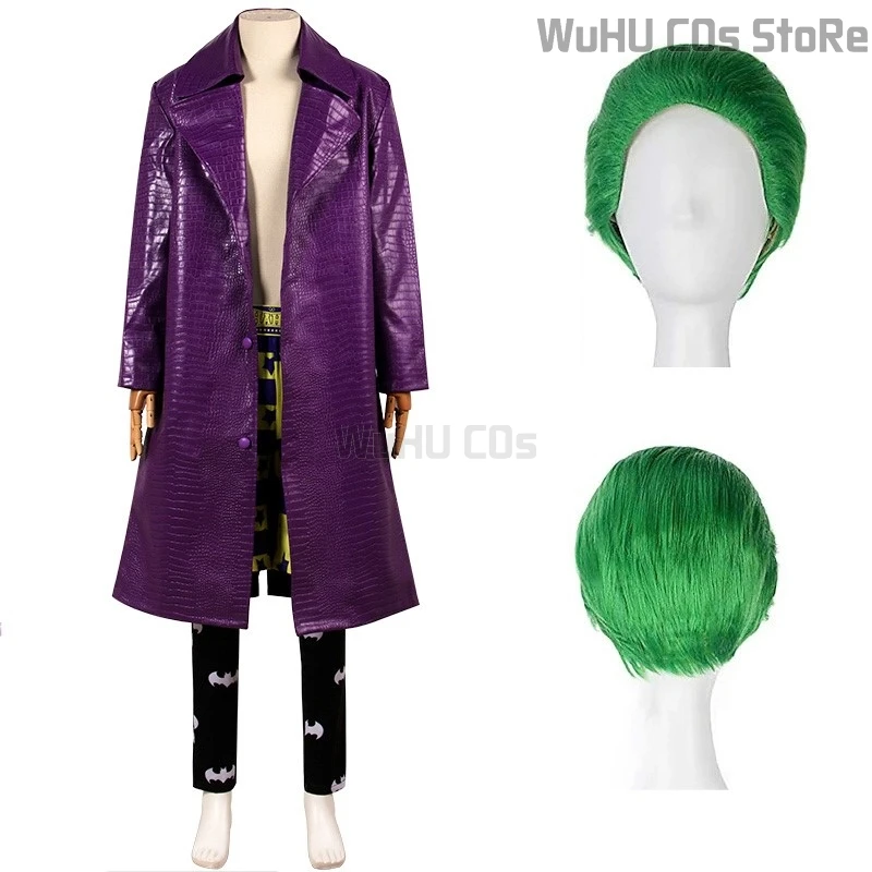 Costume de cosplay canarval pour hommes, blague de clown, perruque de cheveux verts, tenue de film fou, manteau imbibé, pantalon, taille unisexe