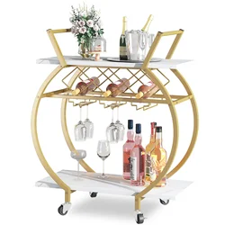 Customized Gold and White Bar Cart Mini Rolling Kitchen Storage Cart with Wine Rack and Glass Holders Wine Cart