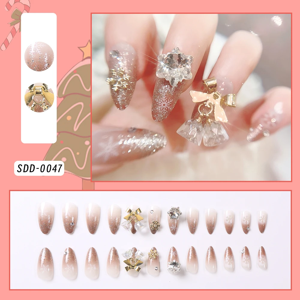 24 個ゴールドスノーフレークベルプレス爪グリッターパウダー冬クリスマスラインストーン偽ネイルチャーム偽ネイルアートマニキュア * &