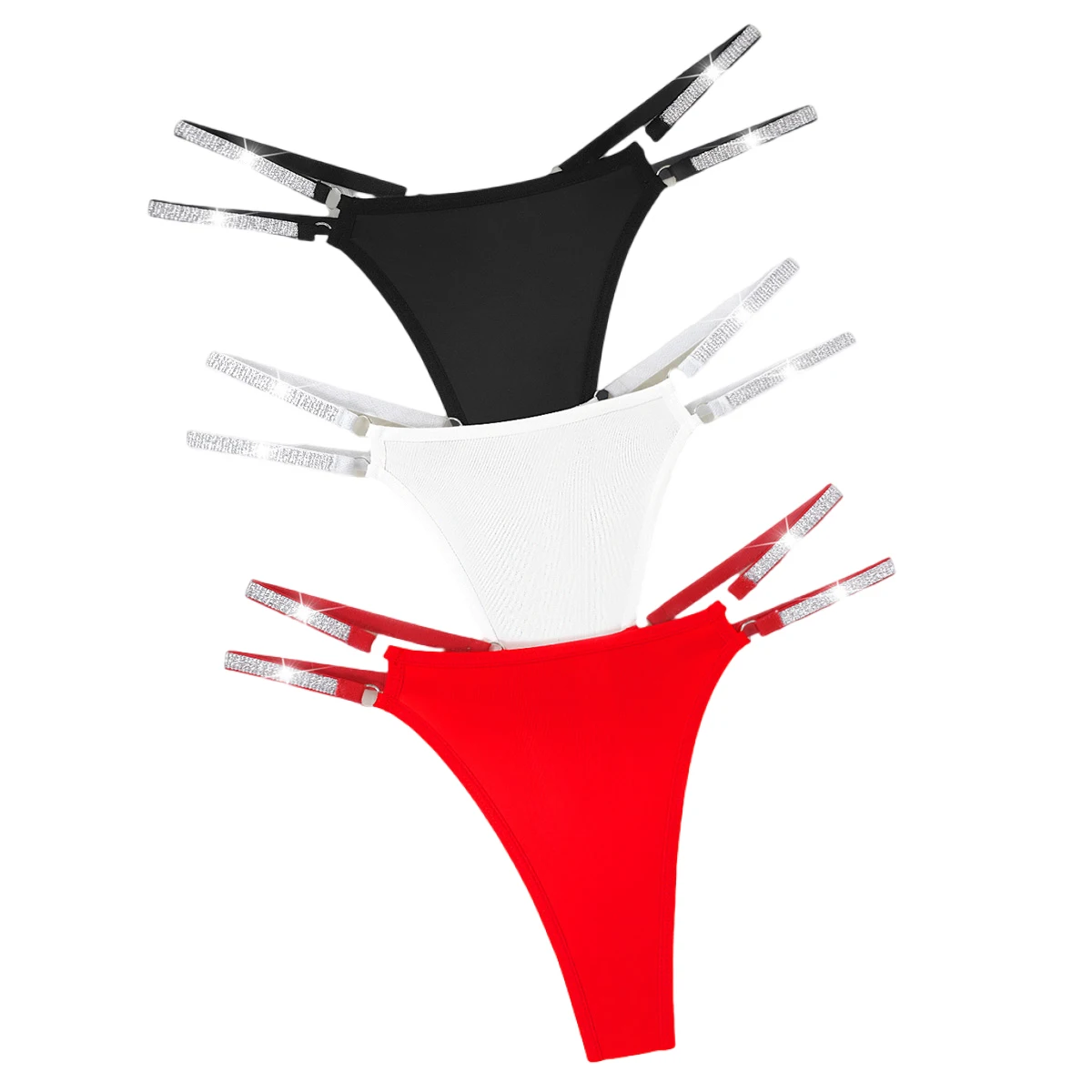 3pcs Women Sexy Thongs Low Rise Panties Two Shiny Belts Lady G-string Solid Comfortable Underwear Hollow Out Intimate Lingerie