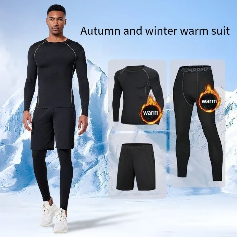 Compression Men Sportswear Set Thermal Base Layer for Men Winter Skiing Running Cycling Fleece Lined Tights &Top Outdoor Fitness